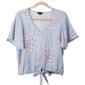 RW&CO Pale Blue Floral Top V-neck Flute Sleeve Relaxed Fit Tie Hem